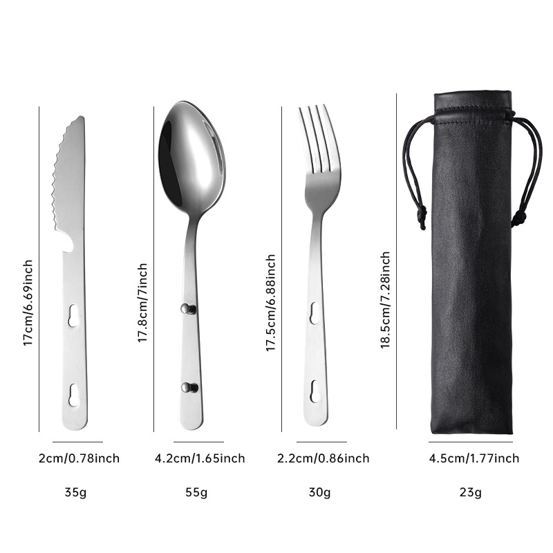 Set de tacâmuri pentru picnic în aer liber, 3 piese: cuțit, furculiță și lingură, oțel inoxidabil 430, portabil, argintiu