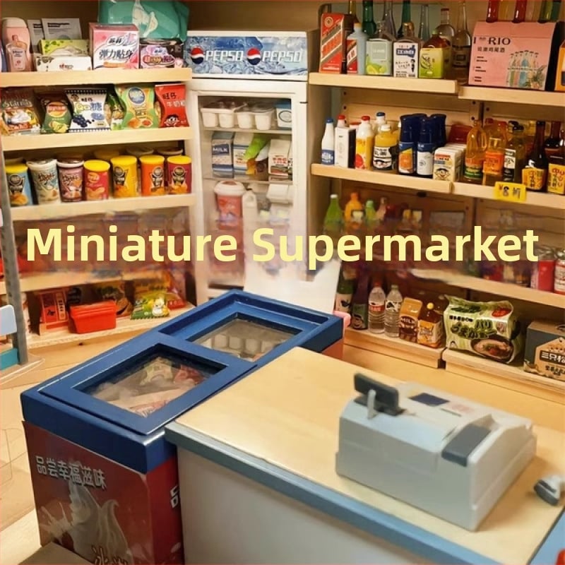Миниатюрен комплект за деца: реалистични миниатюри за супермаркет, настолен рафт и модели на напитки