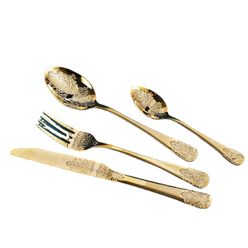 Kuangwei tacâmuri din oțel inoxidabil auriu, stil occidental, set de patru piese: cuțit pentru friptură, furculiță, lingură și linguriță, model floral, stil retro-lux