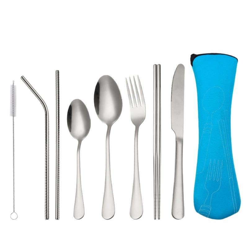 Set de tacâmuri din oțel inoxidabil, șapte piese, pentru camping în aer liber: cuțit, furculiță, lingură, bețișoare și pai