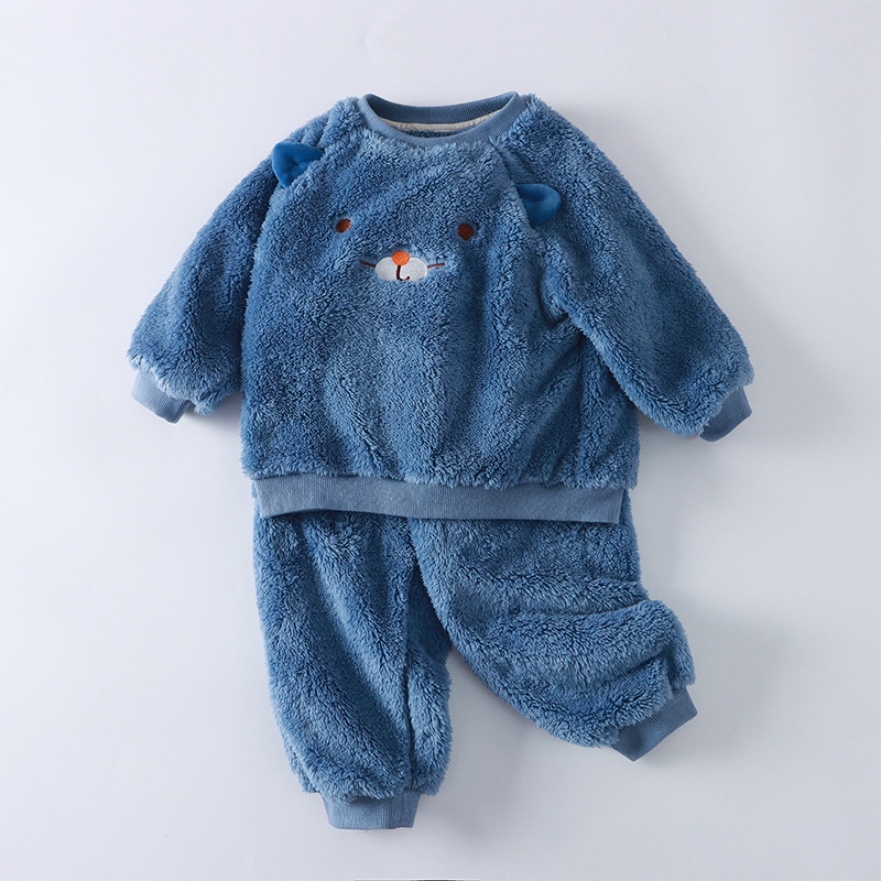 Gyerekeknek készült vastag fleece-béléses pizsama szett, őszi–téli szezonra, meleg, uniszex, otthoni és utcai viselet