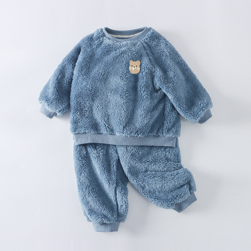 Gyerekeknek készült vastag fleece-béléses pizsama szett, őszi–téli szezonra, meleg, uniszex, otthoni és utcai viselet