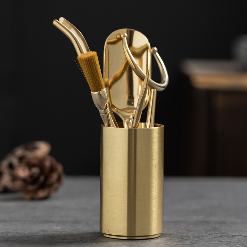 Set cu șase domni pentru ceremonia ceaiului din cupru — accesorii de ceai: instrumente de preparare, stilou pentru ceai, clips pentru ceai, lingură, cuțit