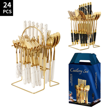 Set de tacâmuri din oțel inoxidabil, cu mânere din ceramică, model marmorat, stil nordic minimalist; include cuțite, linguri, furculițe și lingurițe, cu raft