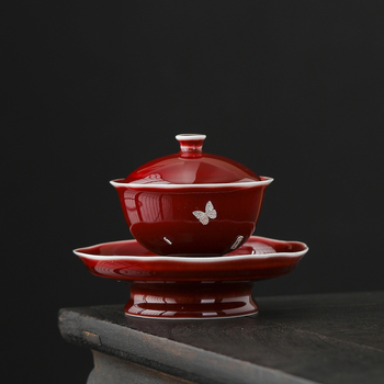 Lang Hong gaiwan tri-color cu încrustație de argint, motiv Yuanbao, ceașcă ceramică Gongfu ceai