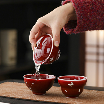 Lang Hong gaiwan tri-color cu încrustație de argint, motiv Yuanbao, ceașcă ceramică Gongfu ceai