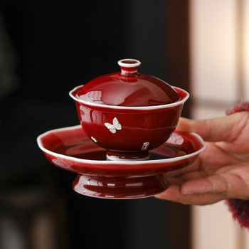 Lang Hong gaiwan tri-color cu încrustație de argint, motiv Yuanbao, ceașcă ceramică Gongfu ceai