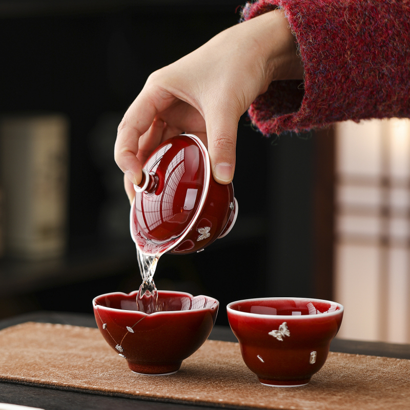 Lang Hong gaiwan tri-color cu încrustație de argint, motiv Yuanbao, ceașcă ceramică Gongfu ceai