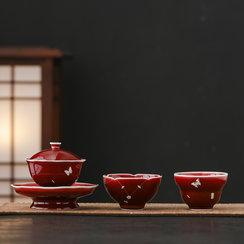Lang Hong gaiwan tri-color cu încrustație de argint, motiv Yuanbao, ceașcă ceramică Gongfu ceai