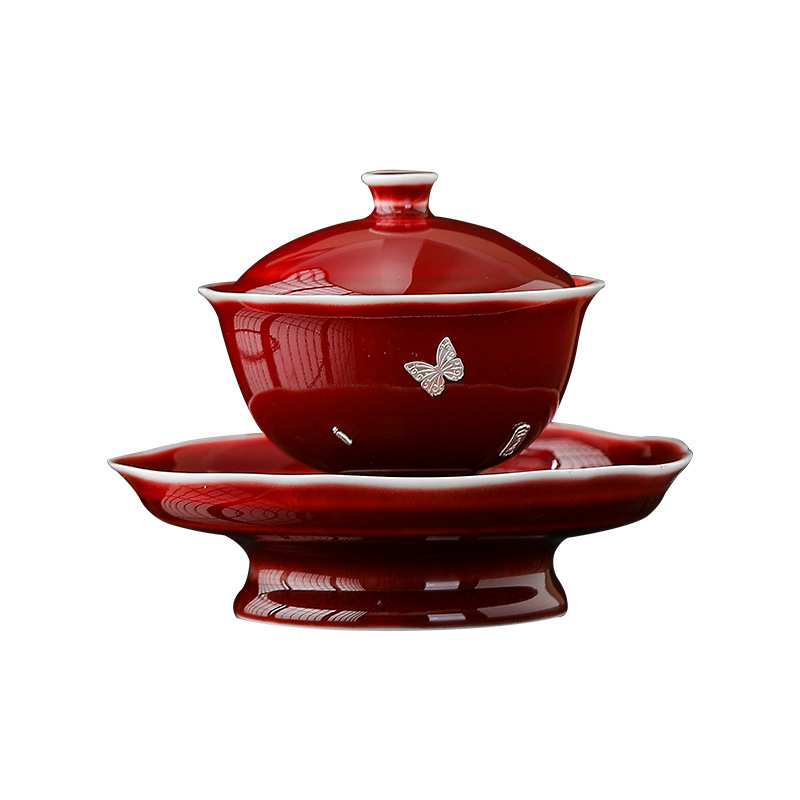 Lang Hong gaiwan tri-color cu încrustație de argint, motiv Yuanbao, ceașcă ceramică Gongfu ceai