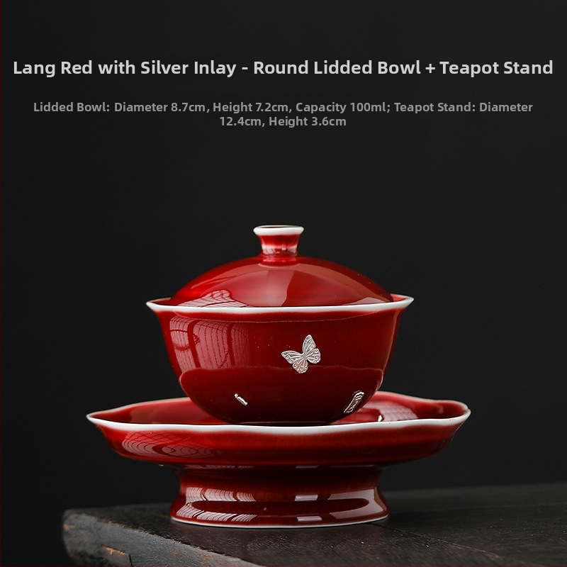 Lang Hong gaiwan tri-color cu încrustație de argint, motiv Yuanbao, ceașcă ceramică Gongfu ceai