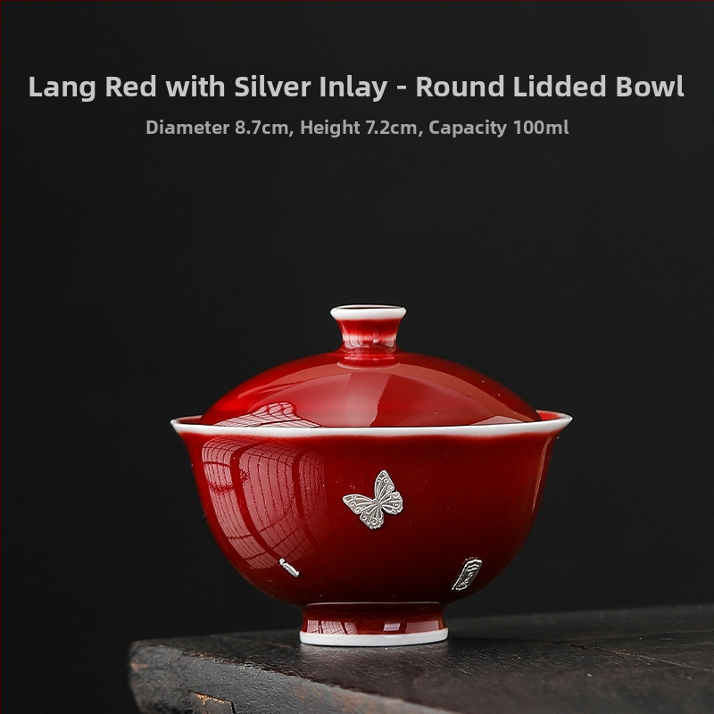 Lang Hong gaiwan tri-color cu încrustație de argint, motiv Yuanbao, ceașcă ceramică Gongfu ceai