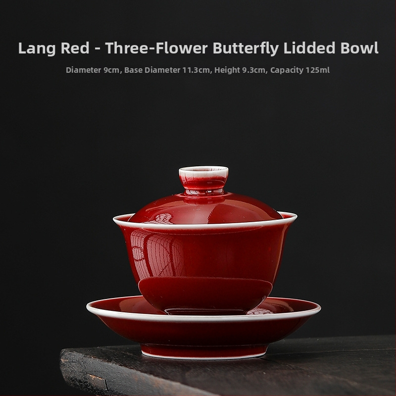 Lang Hong gaiwan tri-color cu încrustație de argint, motiv Yuanbao, ceașcă ceramică Gongfu ceai