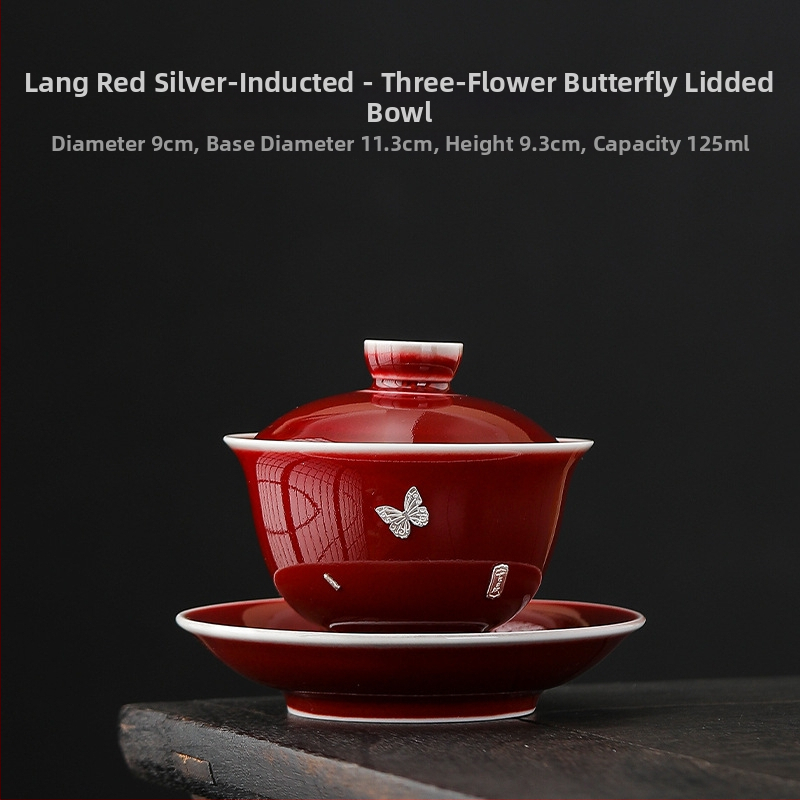 Lang Hong gaiwan tri-color cu încrustație de argint, motiv Yuanbao, ceașcă ceramică Gongfu ceai