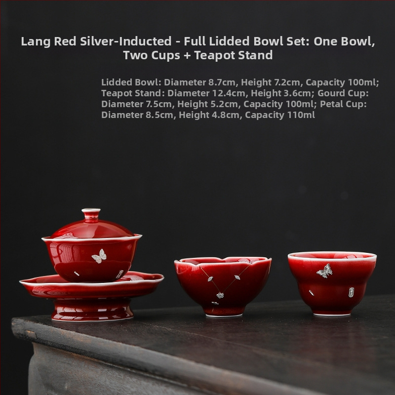 Lang Hong gaiwan tri-color cu încrustație de argint, motiv Yuanbao, ceașcă ceramică Gongfu ceai