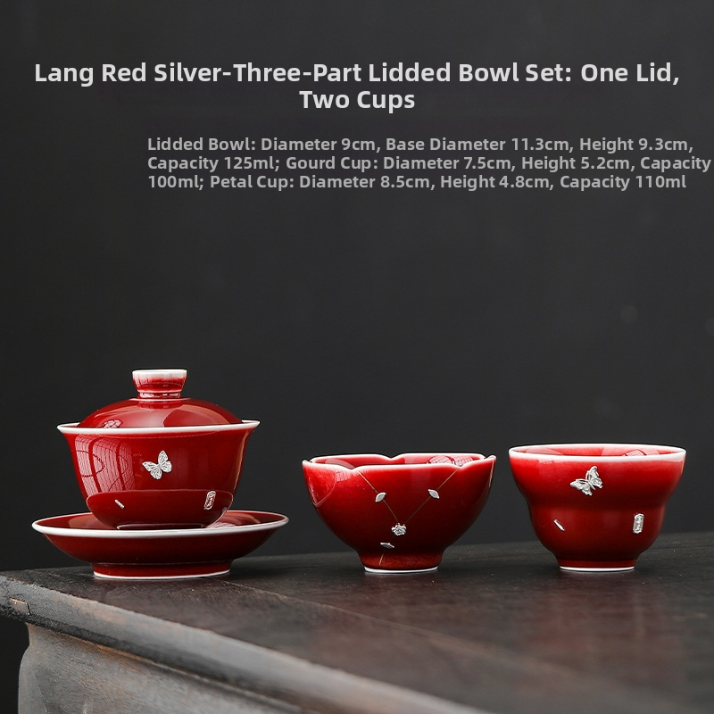 Lang Hong gaiwan tri-color cu încrustație de argint, motiv Yuanbao, ceașcă ceramică Gongfu ceai