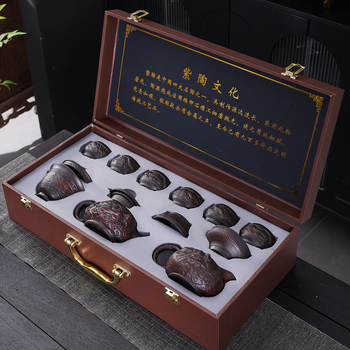 Új Jianshui lila agyag teáskészlet késvágás-relief Xianglong teáskannával, ajándékdobozban