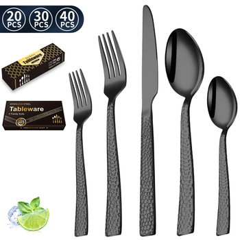 Set tacâmuri din oțel inoxidabil cu mânere gravate, textură ciocan – cuțit, furculiță, lingură, furculiță de ceai și linguriță de ceai pentru servire occidentală