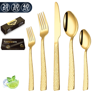 Set tacâmuri din oțel inoxidabil cu mânere gravate, textură ciocan – cuțit, furculiță, lingură, furculiță de ceai și linguriță de ceai pentru servire occidentală