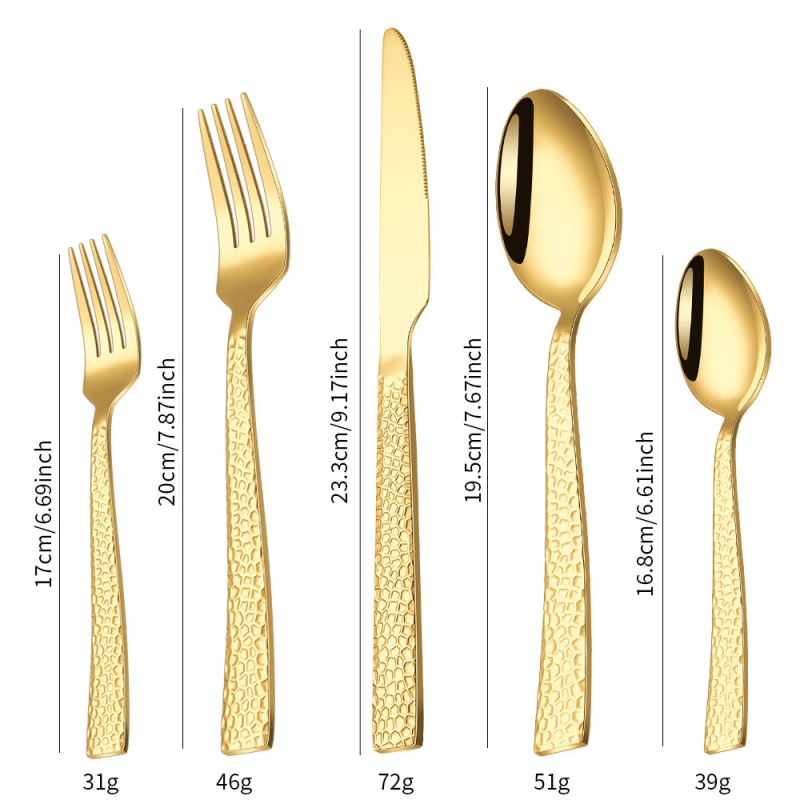 Set tacâmuri din oțel inoxidabil cu mânere gravate, textură ciocan – cuțit, furculiță, lingură, furculiță de ceai și linguriță de ceai pentru servire occidentală