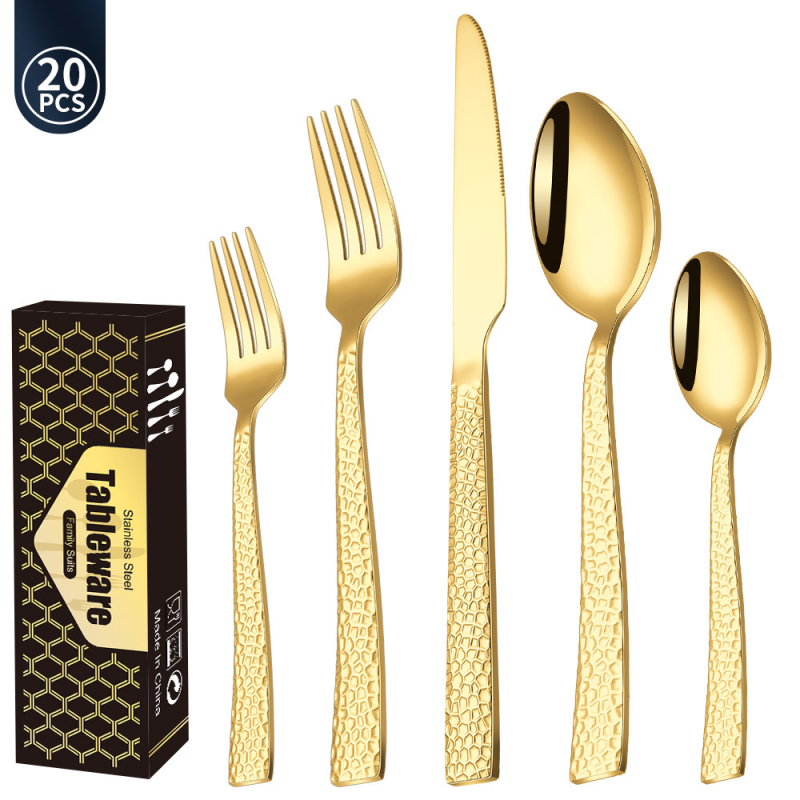 Set tacâmuri din oțel inoxidabil cu mânere gravate, textură ciocan – cuțit, furculiță, lingură, furculiță de ceai și linguriță de ceai pentru servire occidentală