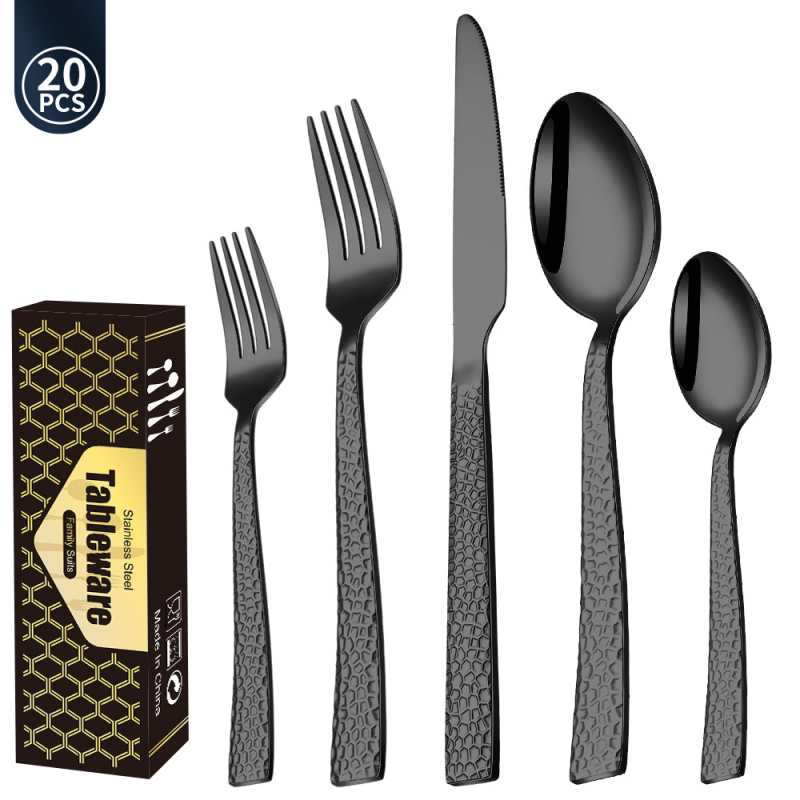 Set tacâmuri din oțel inoxidabil cu mânere gravate, textură ciocan – cuțit, furculiță, lingură, furculiță de ceai și linguriță de ceai pentru servire occidentală
