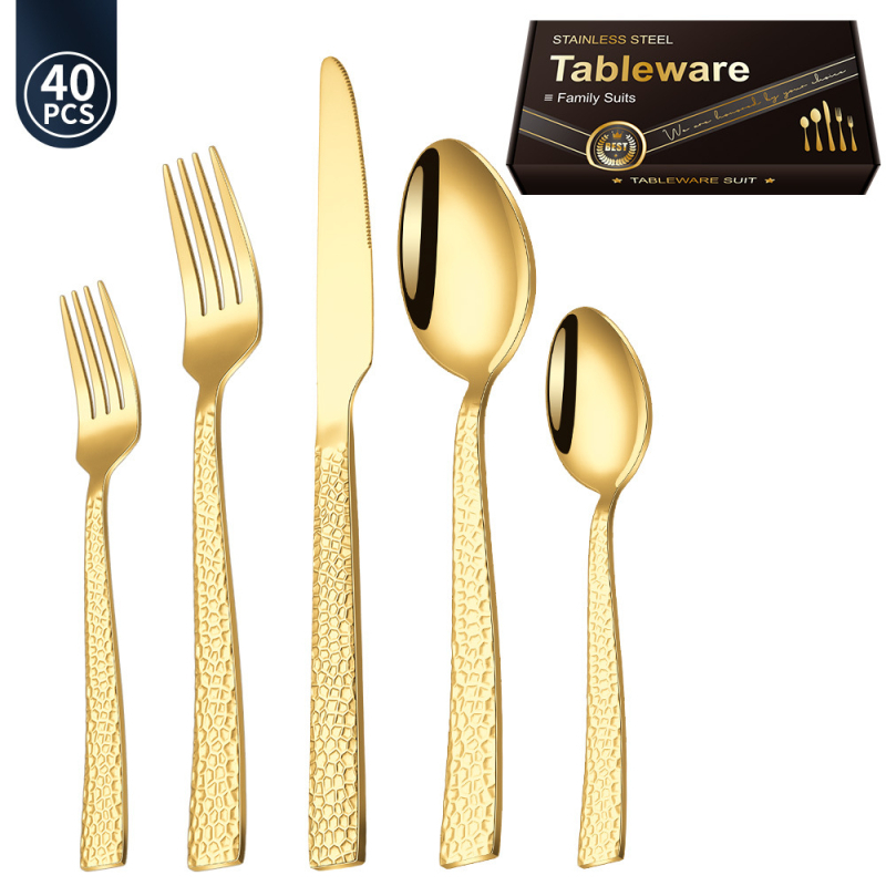 Set tacâmuri din oțel inoxidabil cu mânere gravate, textură ciocan – cuțit, furculiță, lingură, furculiță de ceai și linguriță de ceai pentru servire occidentală