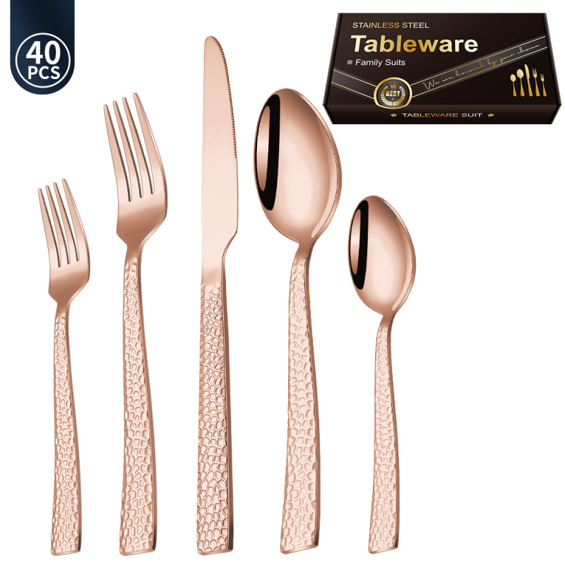 Set tacâmuri din oțel inoxidabil cu mânere gravate, textură ciocan – cuțit, furculiță, lingură, furculiță de ceai și linguriță de ceai pentru servire occidentală