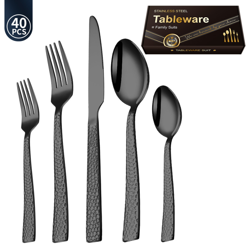 Set tacâmuri din oțel inoxidabil cu mânere gravate, textură ciocan – cuțit, furculiță, lingură, furculiță de ceai și linguriță de ceai pentru servire occidentală
