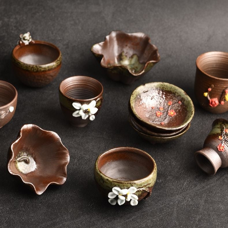 Ceșcuță ceramică pentru ceai, arsă la cuptor cu lemn, cu design de mugur de floare realizat manual, ceașcă unică pentru degustare de ceai