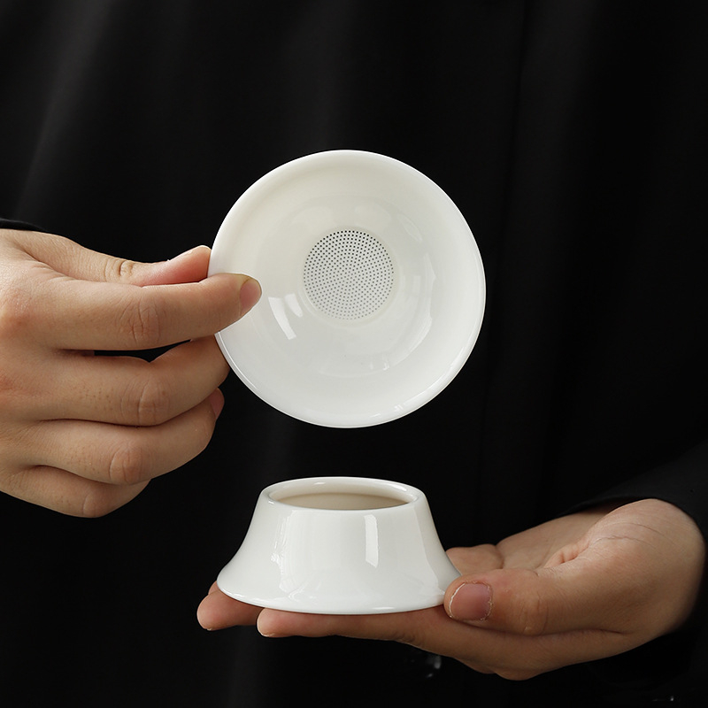 Set Gongfu de ceai din porțelan alb, cu filtru ceramic perforat