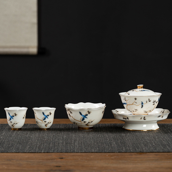 Set de ceai din porțelan alb, aspect jade, cu boluri cu capac din trei piese, ceramică premium Gongfu pentru ceai, set cadou de afaceri personalizabil