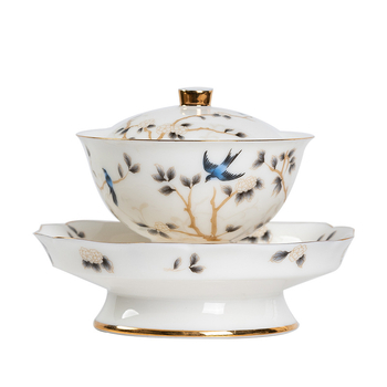 Set de ceai din porțelan alb, aspect jade, cu boluri cu capac din trei piese, ceramică premium Gongfu pentru ceai, set cadou de afaceri personalizabil