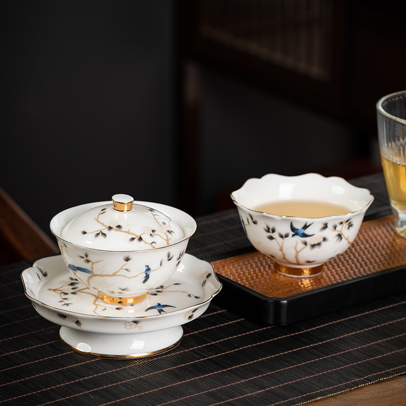 Set de ceai din porțelan alb, aspect jade, cu boluri cu capac din trei piese, ceramică premium Gongfu pentru ceai, set cadou de afaceri personalizabil