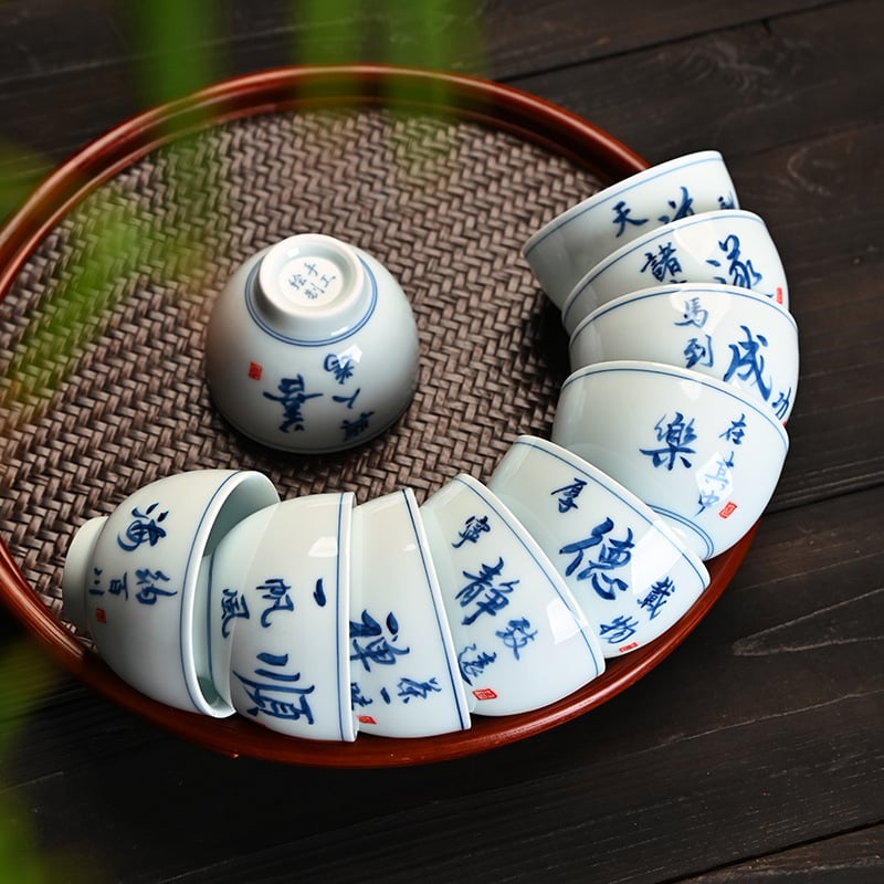 Ceșuță ceramică mică pentru ceai, cu font scris de mână, ceașcă de degustare a ceaiului, set casnic Kung Fu, o singură ceașcă, design albastru-închis și alb antic