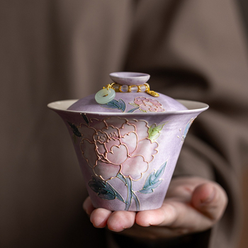 Gaiwan nou, pictură manuală mov fumuriu, ceașă de ceai ceramică cu capac, set de ceai, cadou pentru cel mai bun prieten