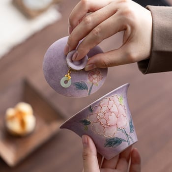 Gaiwan nou, pictură manuală mov fumuriu, ceașă de ceai ceramică cu capac, set de ceai, cadou pentru cel mai bun prieten
