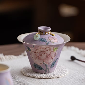 Gaiwan nou, pictură manuală mov fumuriu, ceașă de ceai ceramică cu capac, set de ceai, cadou pentru cel mai bun prieten