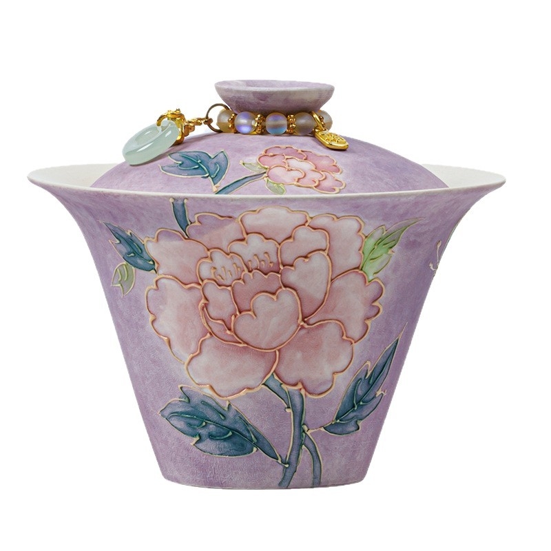 Gaiwan nou, pictură manuală mov fumuriu, ceașă de ceai ceramică cu capac, set de ceai, cadou pentru cel mai bun prieten
