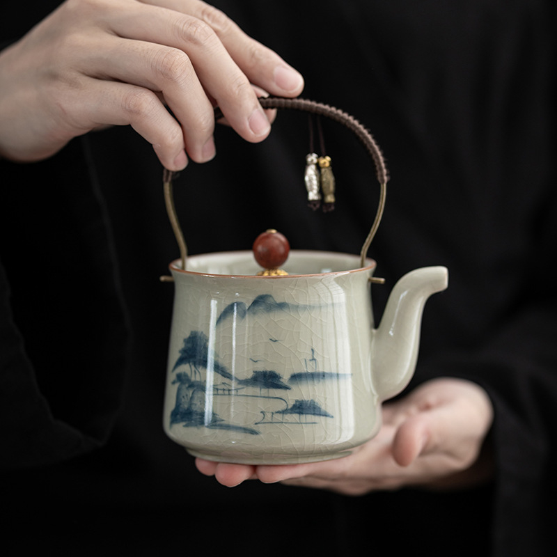 Ceainic pictat manual cu mâner, în stil nou chinezesc Ge Kiln, ceramic pentru uz casnic, ceainic cu filtru pentru prepararea ceaiului Kung Fu