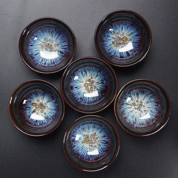 Set de 6 cești Jianzhan cu glazură Tenmoku, ceramică arsă în cuptor, mici cești de degustare