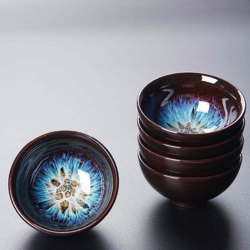 Set de 6 cești Jianzhan cu glazură Tenmoku, ceramică arsă în cuptor, mici cești de degustare