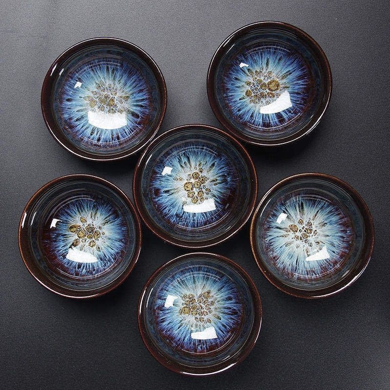 Set de 6 cești Jianzhan cu glazură Tenmoku, ceramică arsă în cuptor, mici cești de degustare