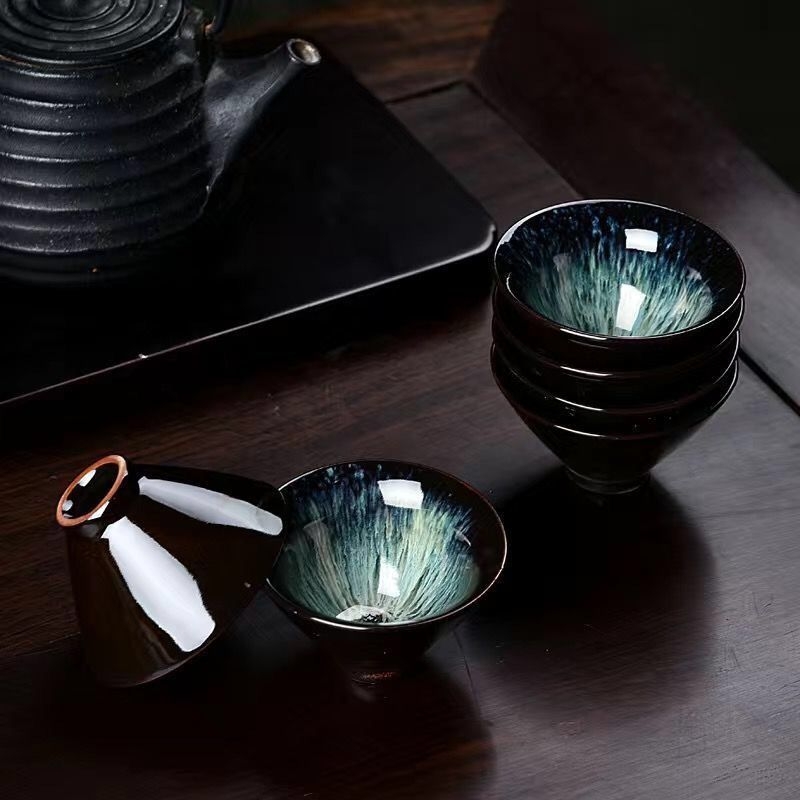 Set de 6 cești Jianzhan cu glazură Tenmoku, ceramică arsă în cuptor, mici cești de degustare