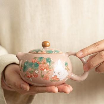 Set Xi Shi cu mâner în formă de iepuraș, roz, ceramic, ceainic și ceașcă, pentru uz casnic