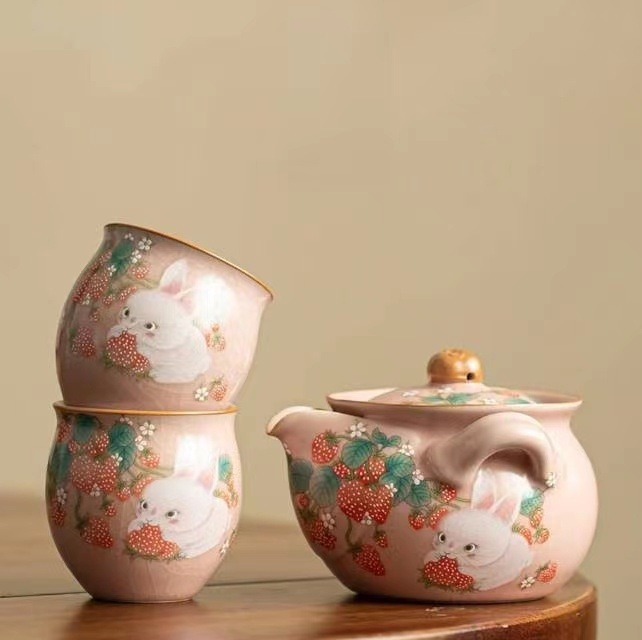 Set Xi Shi cu mâner în formă de iepuraș, roz, ceramic, ceainic și ceașcă, pentru uz casnic
