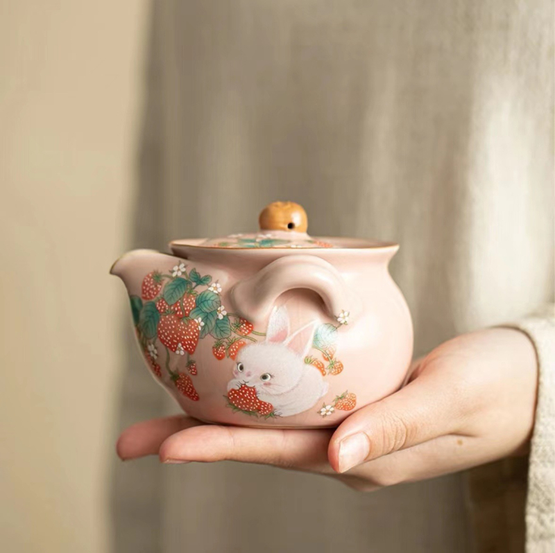 Set Xi Shi cu mâner în formă de iepuraș, roz, ceramic, ceainic și ceașcă, pentru uz casnic