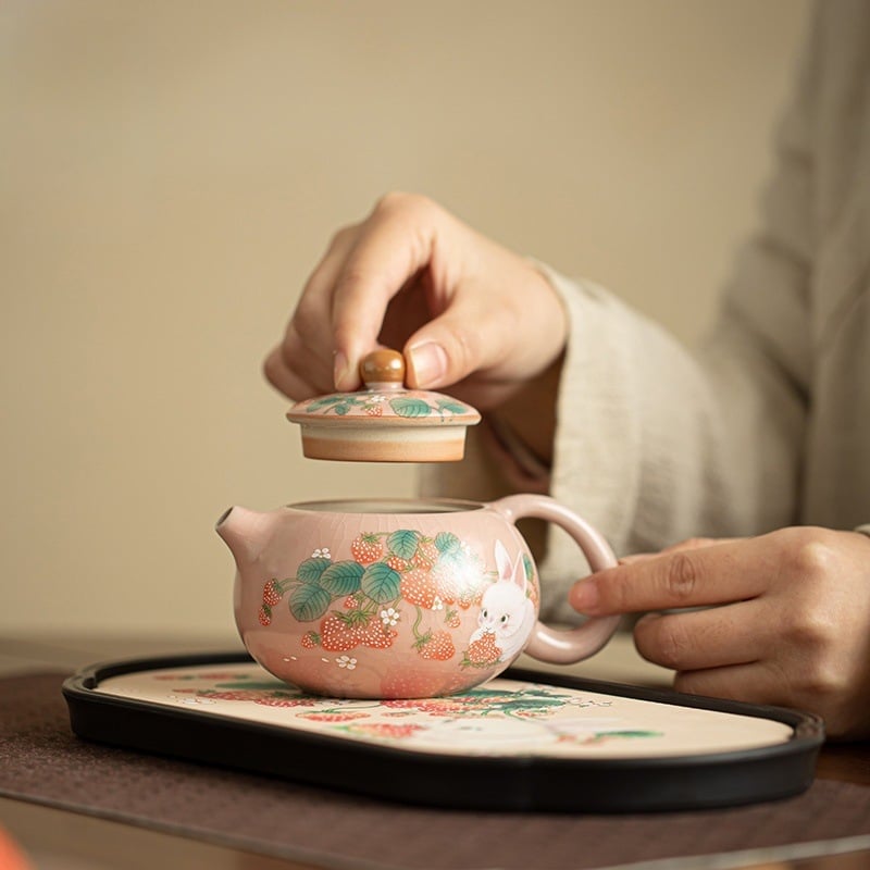 Set Xi Shi cu mâner în formă de iepuraș, roz, ceramic, ceainic și ceașcă, pentru uz casnic