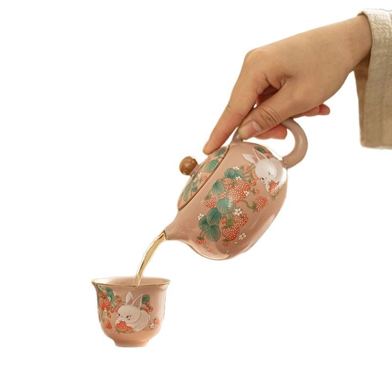 Set Xi Shi cu mâner în formă de iepuraș, roz, ceramic, ceainic și ceașcă, pentru uz casnic