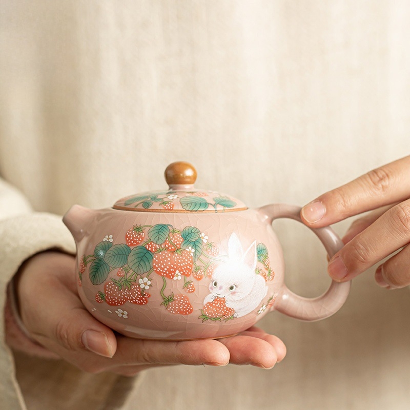 Set Xi Shi cu mâner în formă de iepuraș, roz, ceramic, ceainic și ceașcă, pentru uz casnic